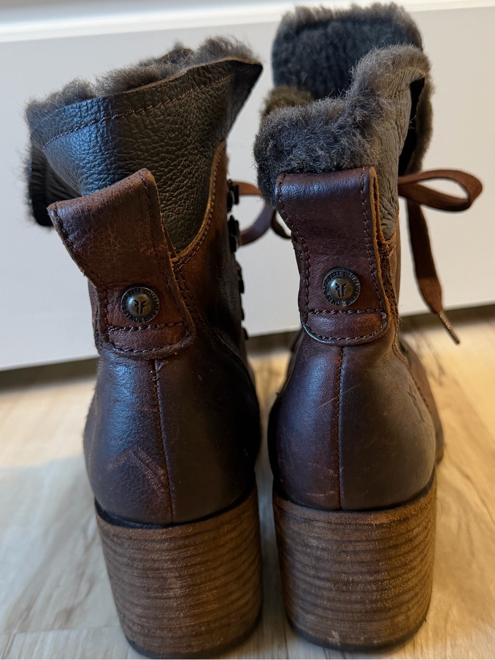 Frye Vera Hiker brown leather and shearling-lined lace-up block-heel ankle boots